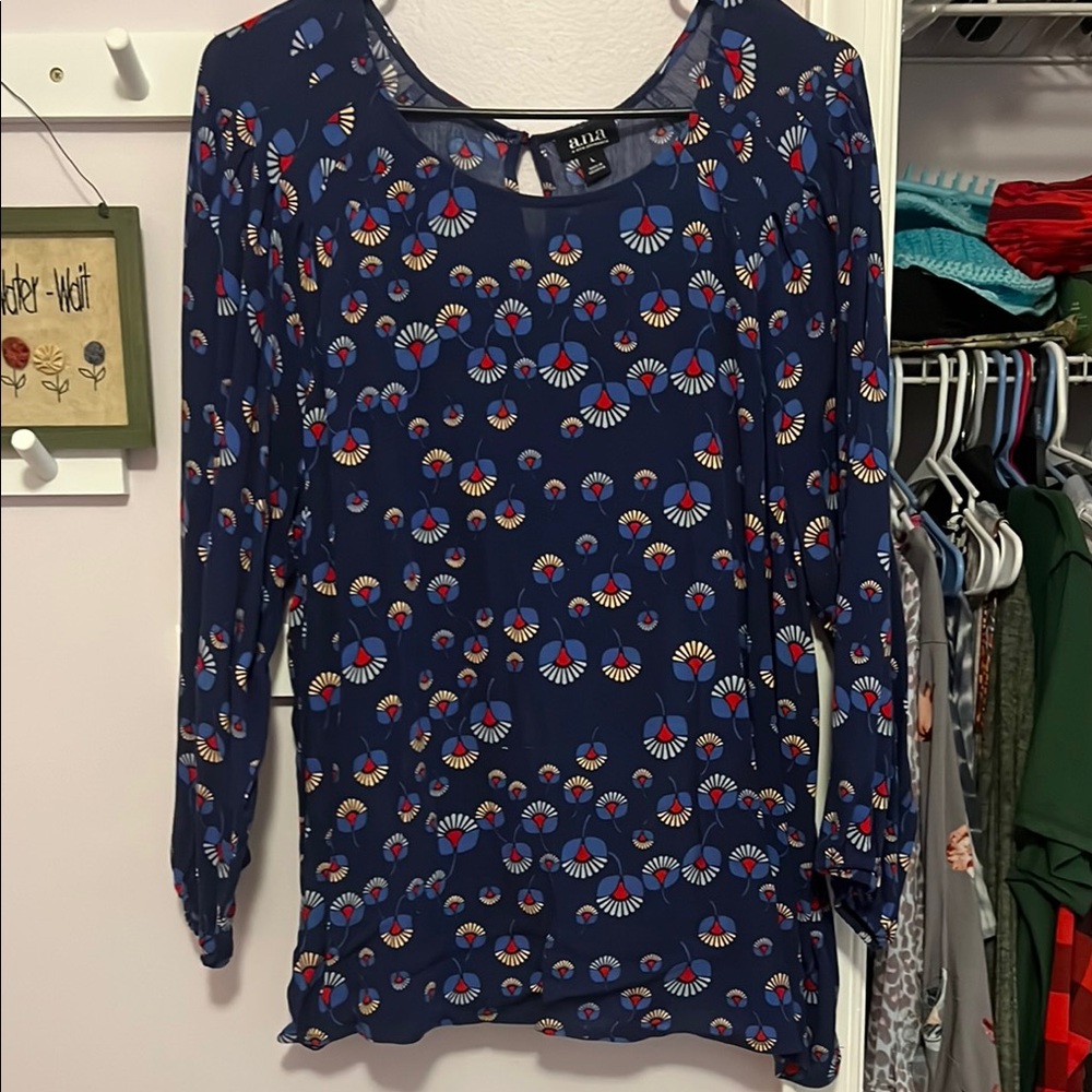 a.n.a Navy Multicolor Floral Blouse